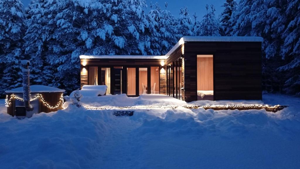 Roheluse metsamaja with hot tub and sauna v zimě