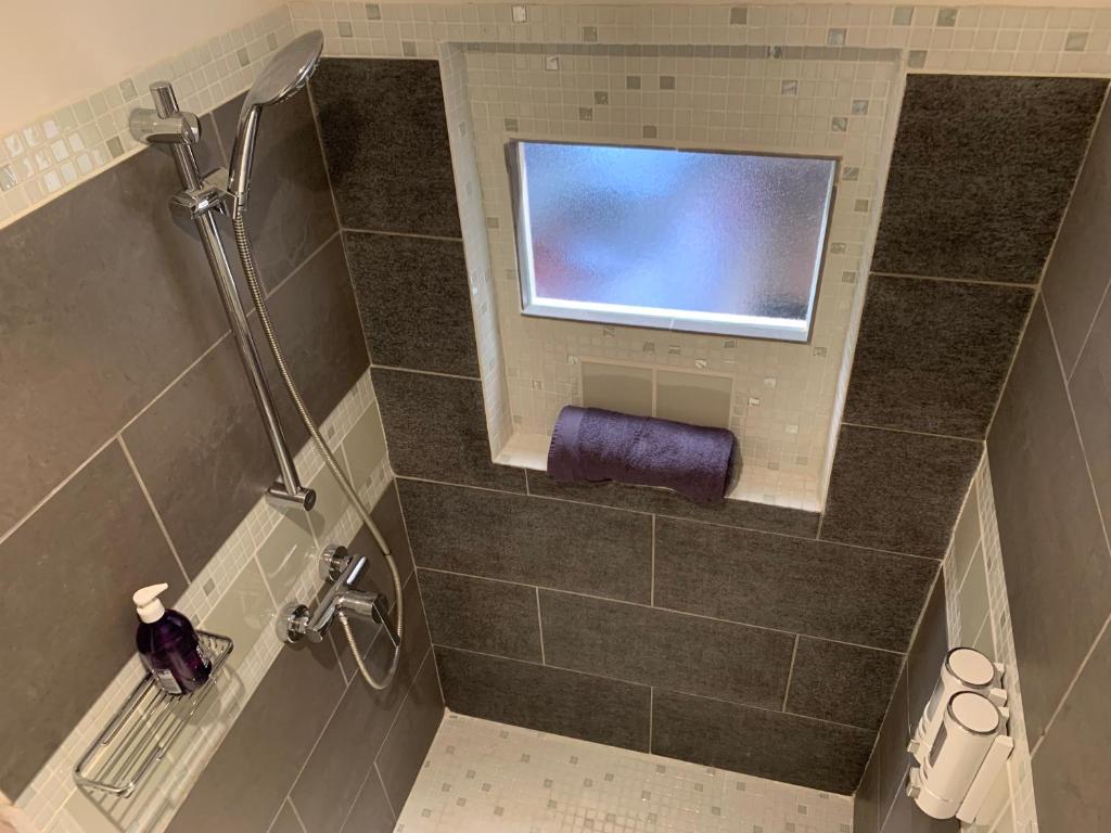 ein Bad mit einer Dusche und einem Fenster in der Unterkunft Le Logis des Cascades1 in Moustiers-Sainte-Marie