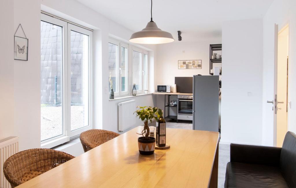 a kitchen and dining room with a wooden table and chairs at Stay and Work Apartment - 6 single beds in Bocholt