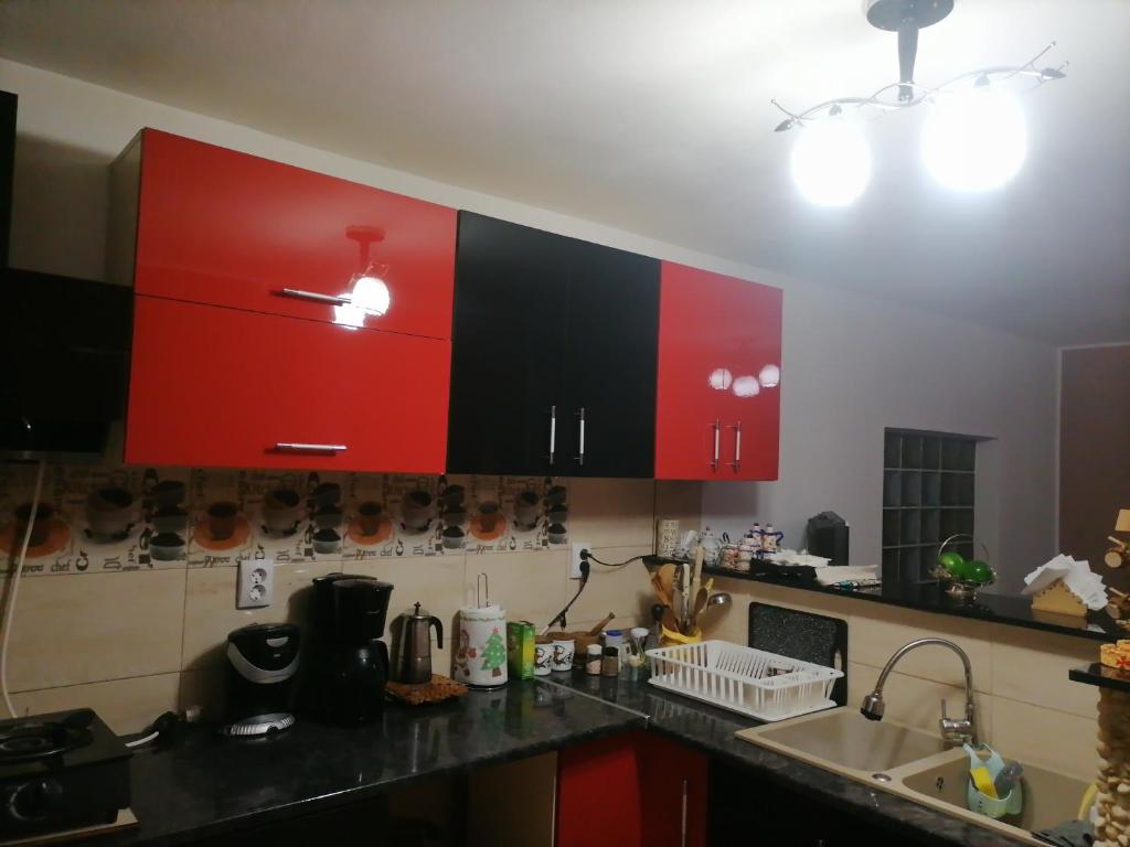 una cocina con armarios rojos y negros y fregadero en Pensiunea Melissa en Măceşu de Jos