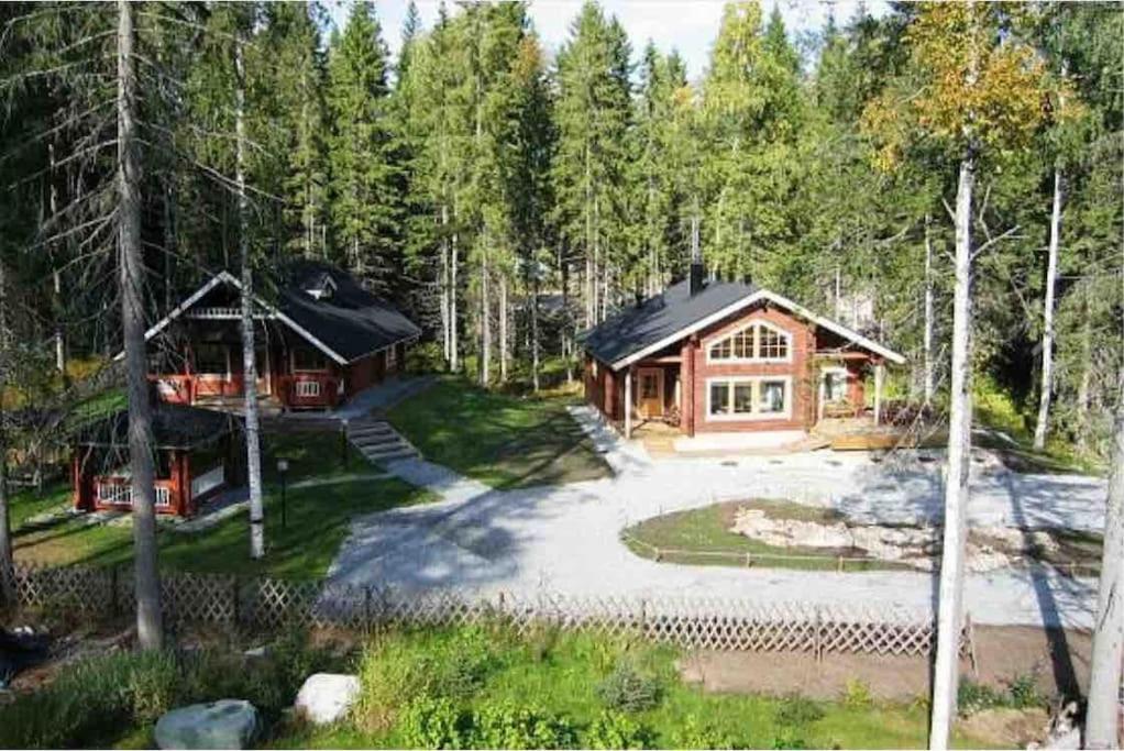 a log cabin in the middle of a forest at Lovely cottage in Koli resort next to a large lake and trails in Kolinkylä