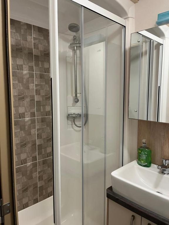 W łazience znajduje się prysznic i umywalka. w obiekcie Olive-Grove w mieście Kent