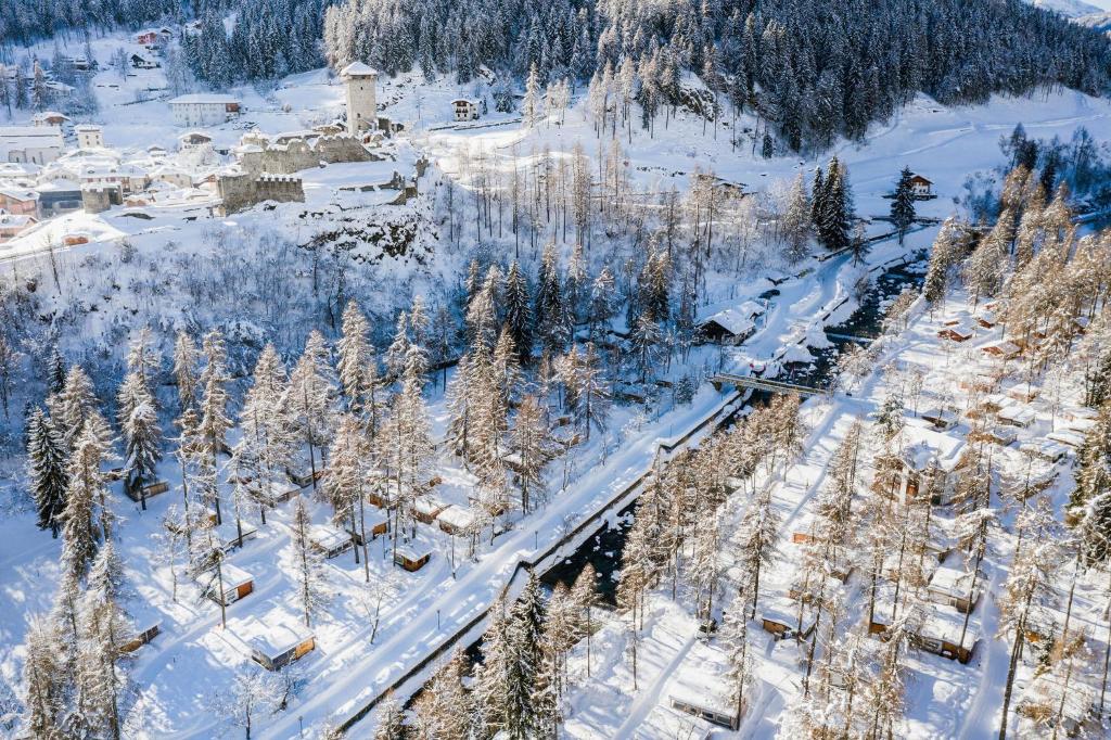 an aerial view of a ski resort with snow covered trees at Yes we camp! Cevedale in Ossana