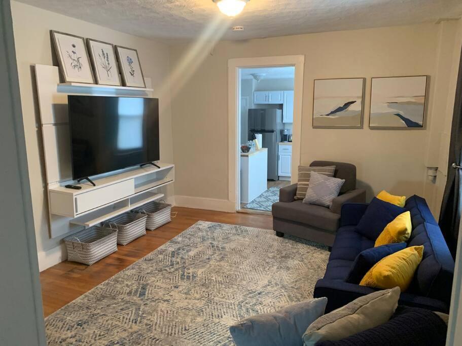 a living room with a couch and a television at Cozy Cambridge Apt in Cambridge