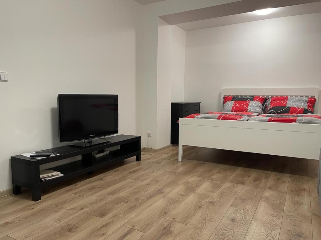 a bedroom with a bed and a flat screen tv at Apartment Patera 2 in Meziboři