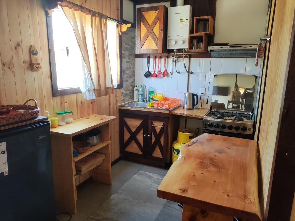 比奇烈穆的住宿－RdA Cabaña，厨房配有木制柜台和炉灶烤箱。