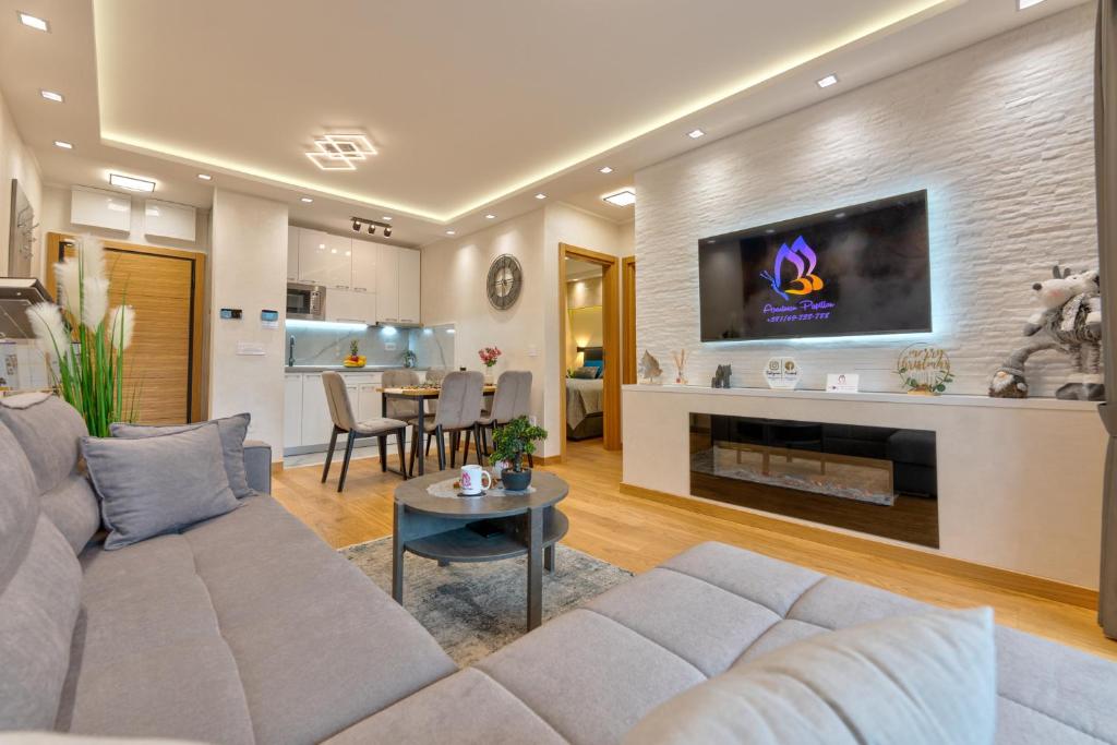 a living room with a couch and a tv on a wall at Apartment Papillon 5 in Zlatibor