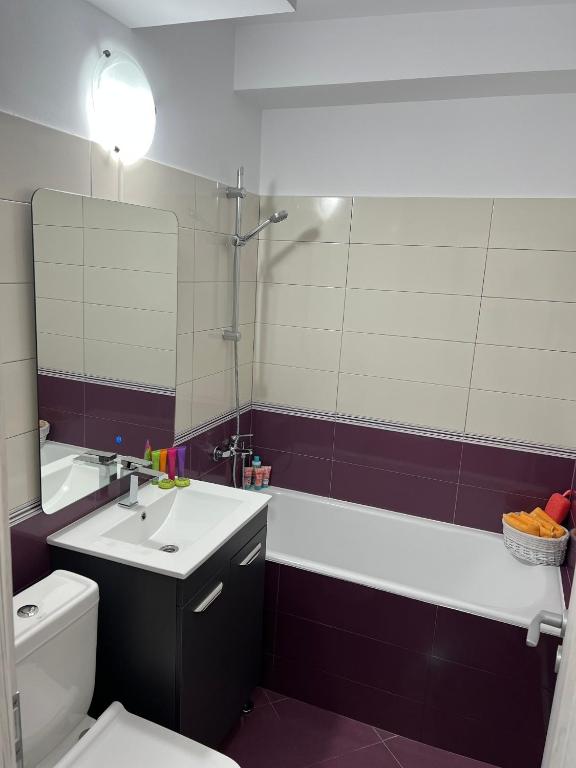 a bathroom with a sink and a toilet and a mirror at Central Apartament in Iaşi