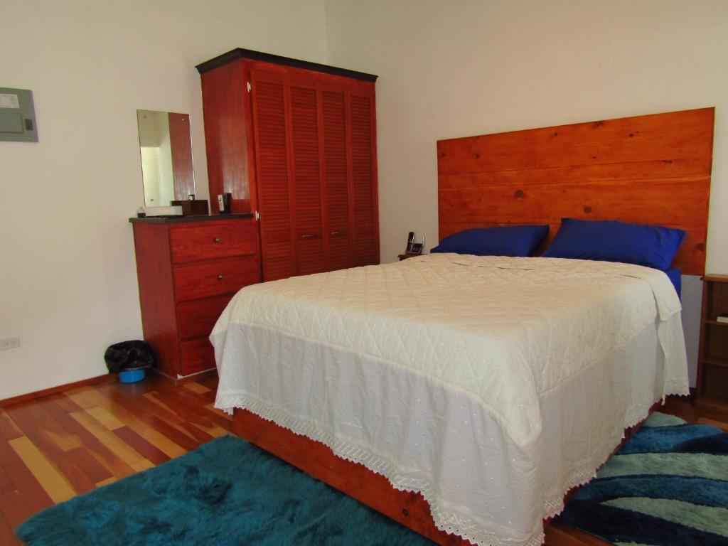 a bedroom with a large bed and a dresser at Cozy 1 bed Apt 2B in Rockley near American Embassy in Bridgetown