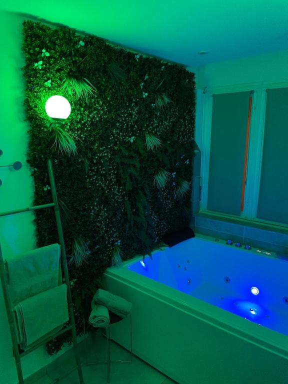 a bathroom with a green wall with a bath tub at L'extasia appartement,spa jacuzzi Grenoble in Grenoble