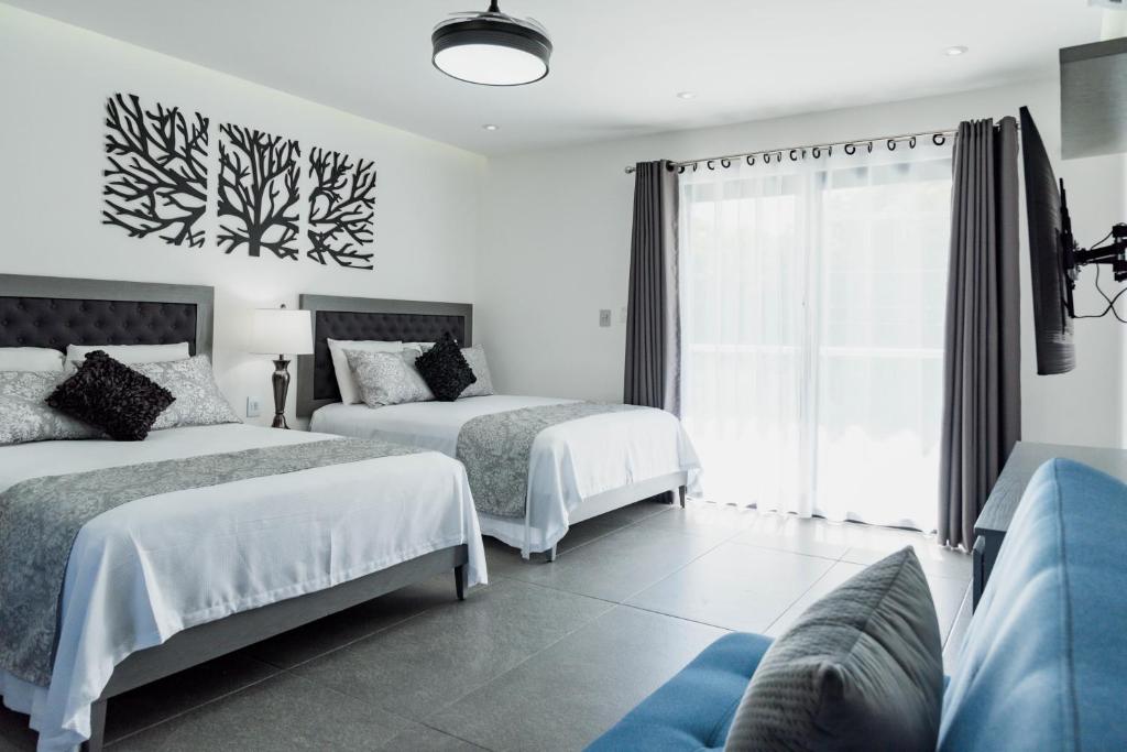 Un dormitorio con dos camas y una ventana. en Dreams Apartments 1 Loft a 9 minutos de la playa, en Isla Mujeres