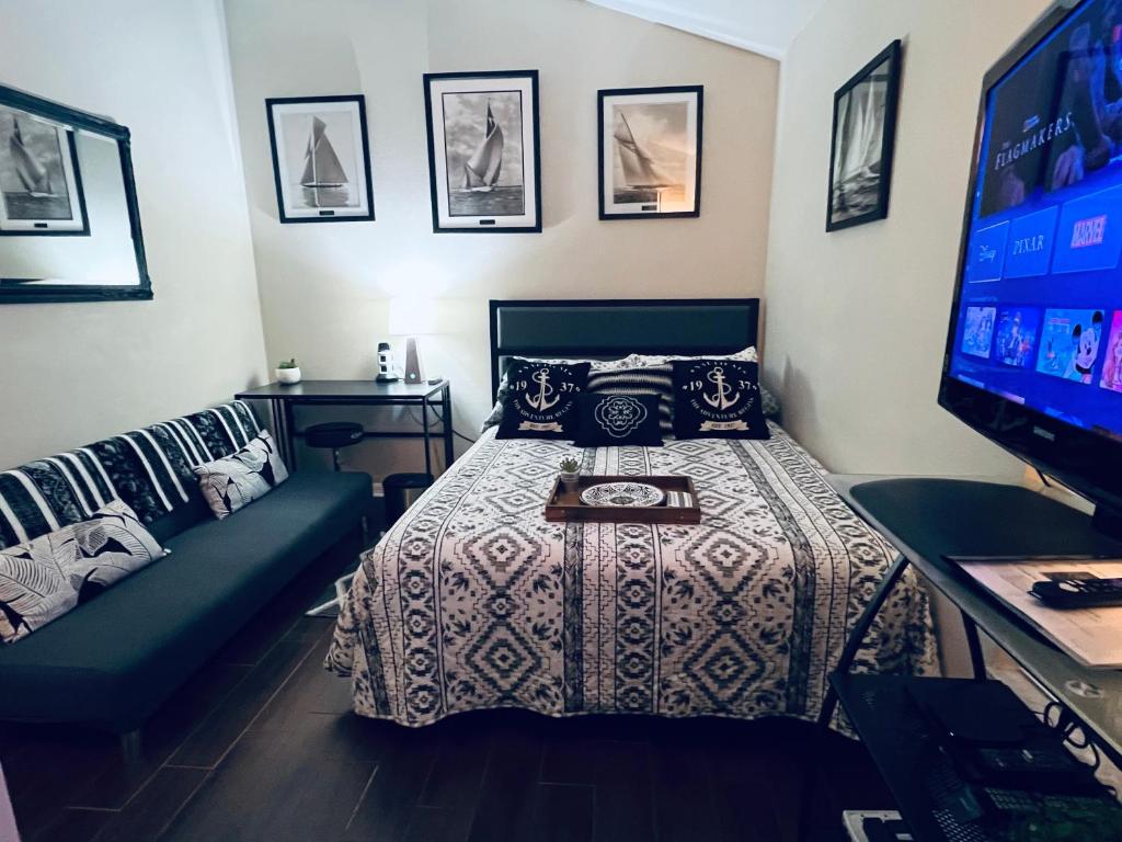um quarto com uma cama, uma televisão e um sofá em Ruskin FL private 2 bdrm 1 bath suite Common areas shared with host em Ruskin