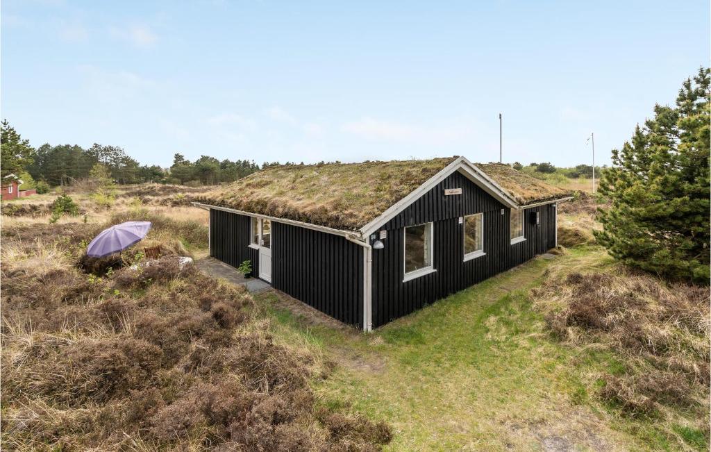 a black house with a grass roof on a field at Cozy Home In Rm With Wifi in Bolilmark