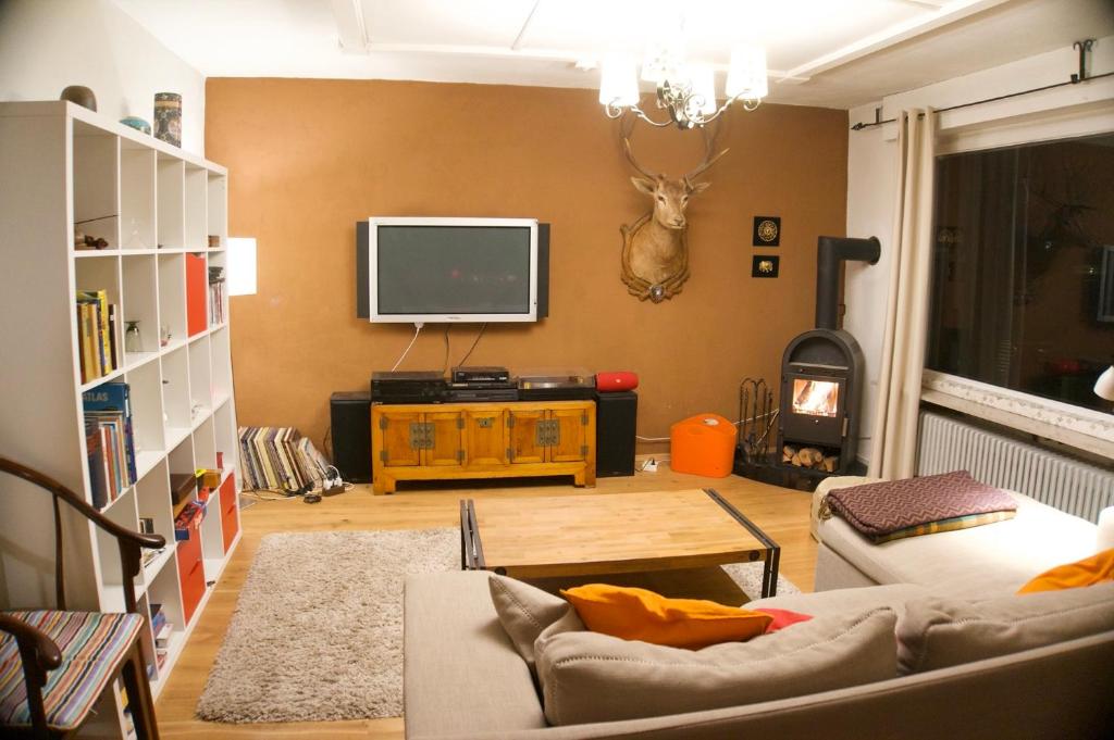 sala de estar con sofá y TV en Haus Sonnenalm, en Bad Mitterndorf