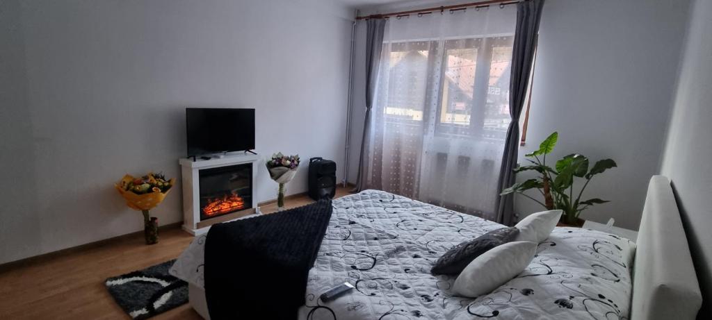 1 dormitorio con cama, TV y chimenea en La Simo, en Sinaia