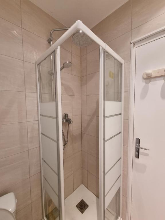 y baño con ducha y puerta de cristal. en Appartement Nice Centre Medecin, en Niza