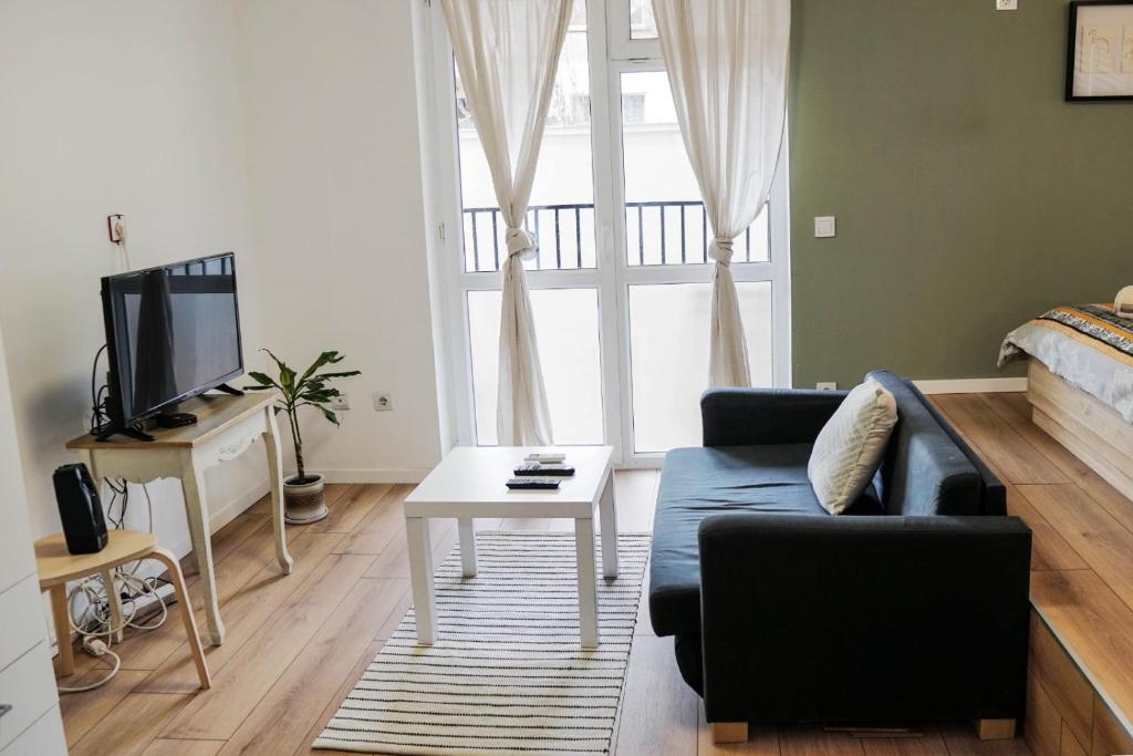 uma sala de estar com um sofá e uma televisão em Stylish apartment, very good located! em Sófia