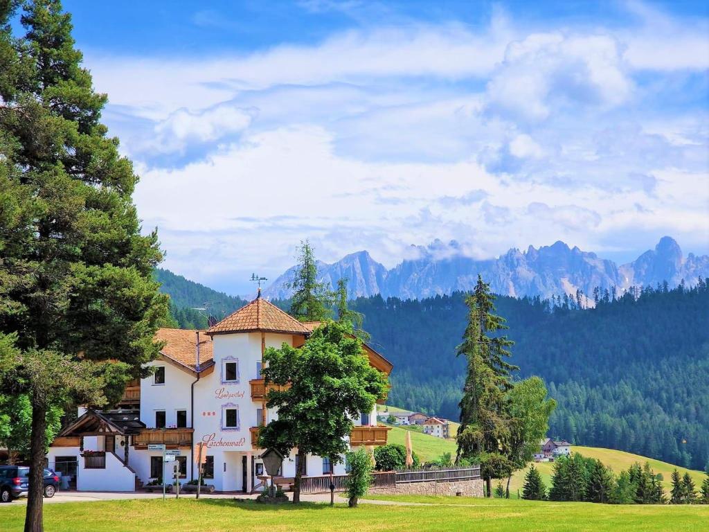 a house in a field with mountains in the background at Hotel Landgasthof Lärchenwald in Collepietra