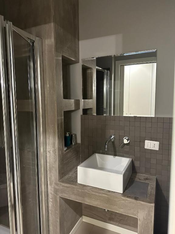 W łazience znajduje się biała umywalka i prysznic. w obiekcie Malusi B&B w mieście Sferracavallo