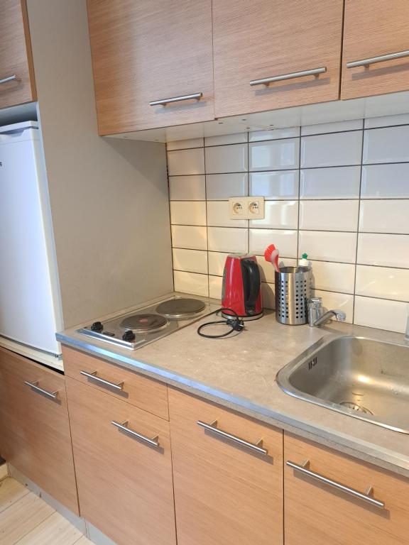 een kleine keuken met een spoelbak en een koelkast bij Sleep and Enjoy in Brussel