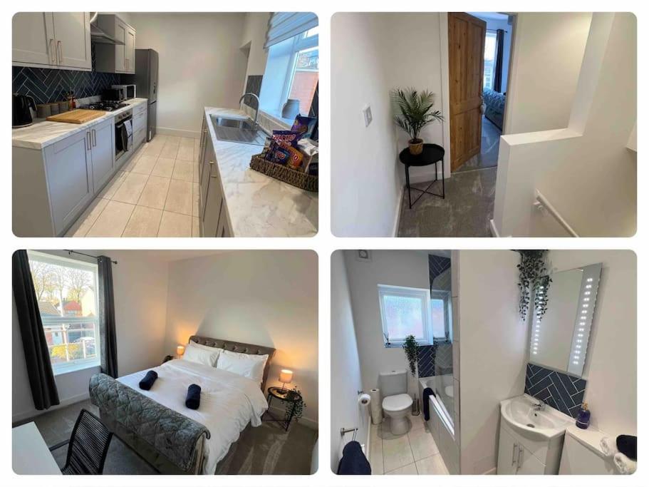 four different pictures of a kitchen and a bedroom at Stylish newly renovated home near Manchester City Centre in Radcliffe