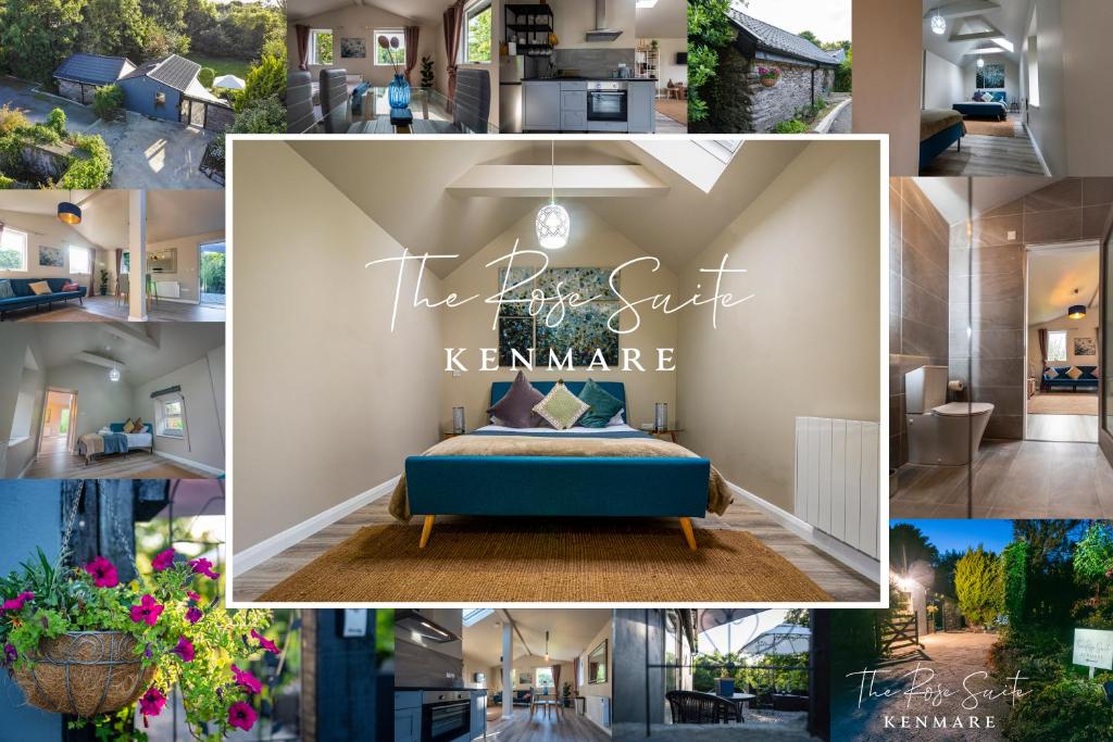 un collage de photos d'une maison avec un canapé bleu dans l'établissement The Rose Suite Kenmare, à Kenmare