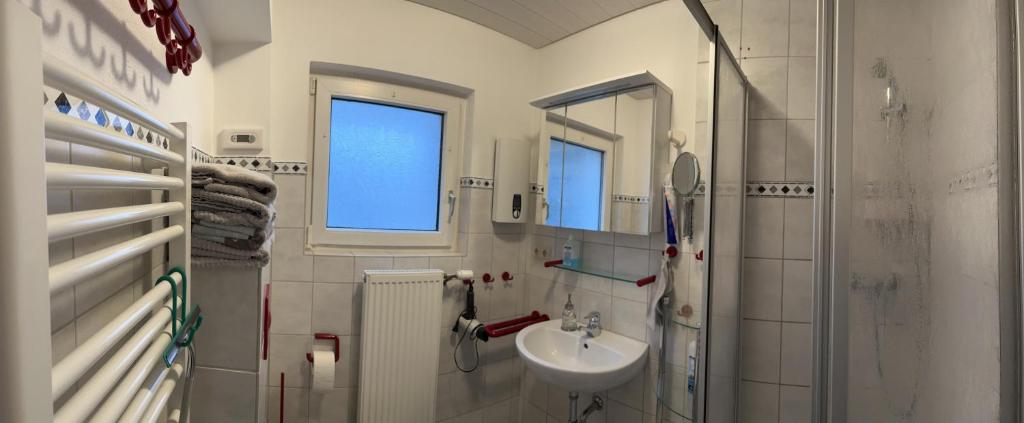 ein Bad mit einem Waschbecken und einer Dusche in der Unterkunft Ferienwohnung Wolff, Kelkheim in Kelkheim
