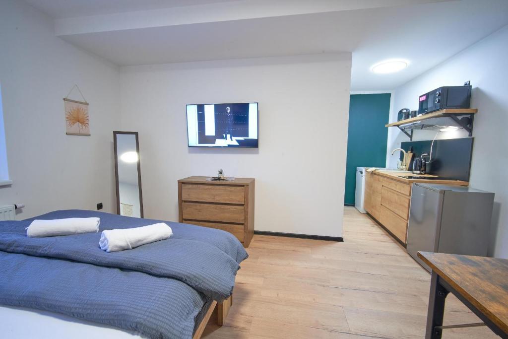 Ένα ή περισσότερα κρεβάτια σε δωμάτιο στο Apartmány U Rodinky