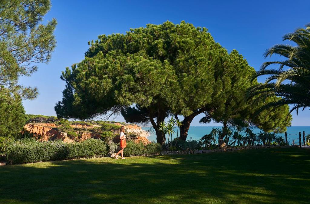 a woman walking through a park with a large tree at PortoBay Falesia in Albufeira