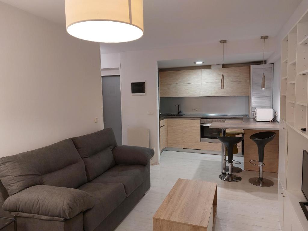 uma sala de estar com um sofá e uma mesa em Apartamento Oteiza em San Sebastián
