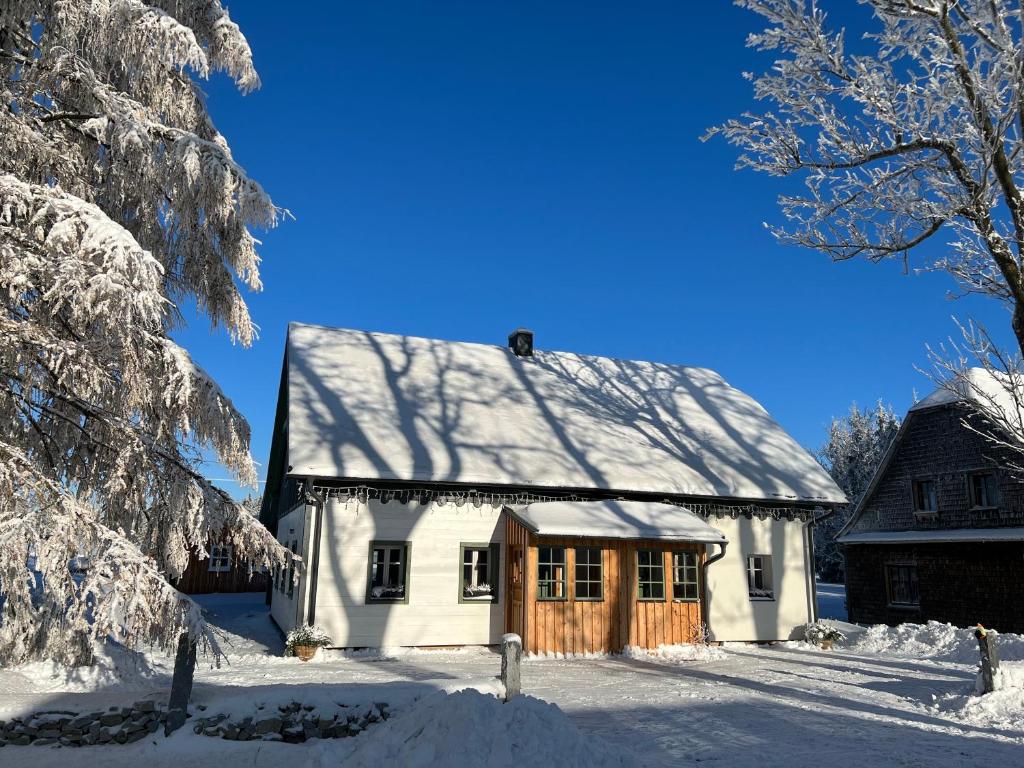 une maison blanche avec un toit recouvert de neige dans l'établissement Horské apartmány Rejvíz - Borůvka a Brusinka, à Rejvíz