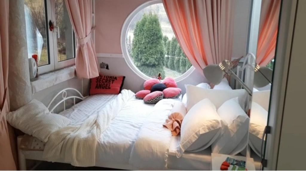 1 dormitorio con cama con almohadas y ventana en Apartman Bella Vita en Kolašin