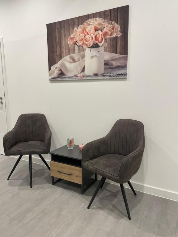 dos sillas sentadas junto a una mesa con un jarrón de flores en MR Ferienwohnung - Wohnung Emma, en Schellerten