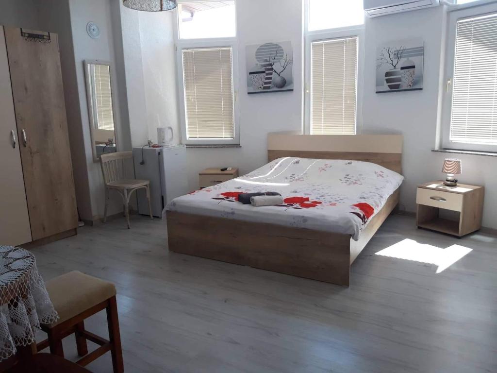 1 dormitorio con 1 cama en una habitación con ventanas en Majska Rosa, en Resen