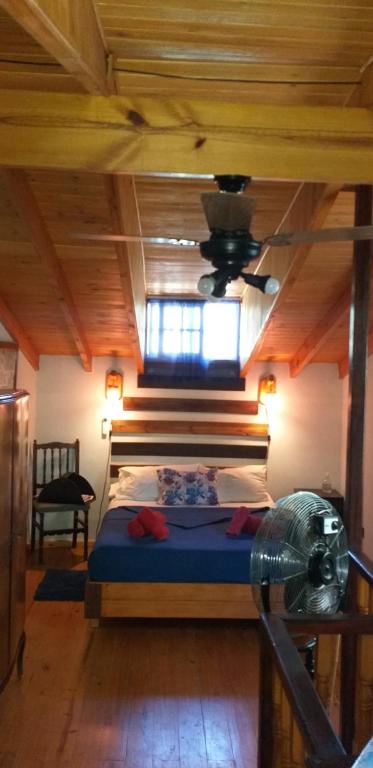 Schlafzimmer mit einem Bett, einem Fenster und einem Ventilator in der Unterkunft Armonía y Naturaleza B&B Hostería Exclusiva in Tigre