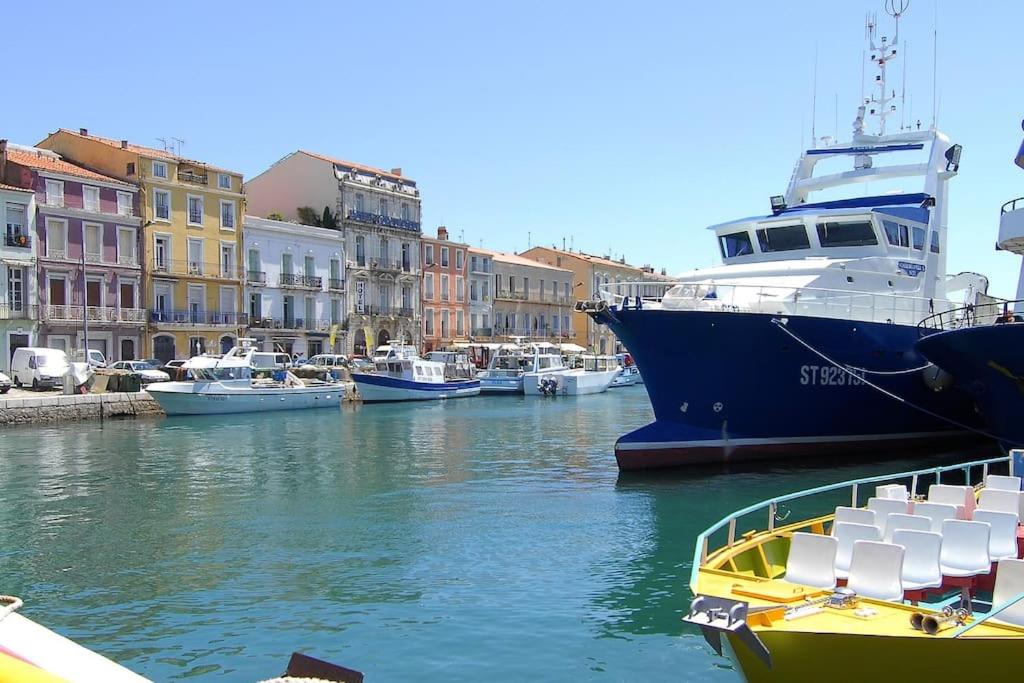 Eine Gruppe von Booten liegt in einem Hafen vor Anker. in der Unterkunft Studio 2ème étage vue sur Quai et Mont Saint Clair in Sète