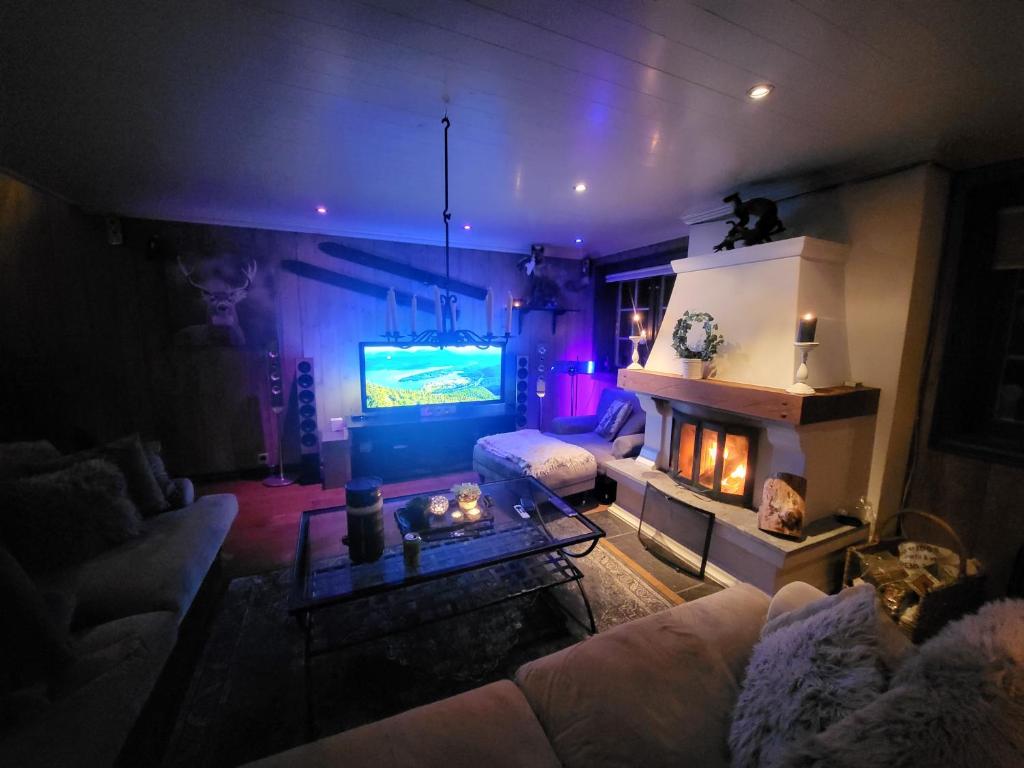 ein Wohnzimmer mit einem Sofa und einem Kamin in der Unterkunft Ski In - Ski Out, Jacuzzi, Panorama View in Geilo