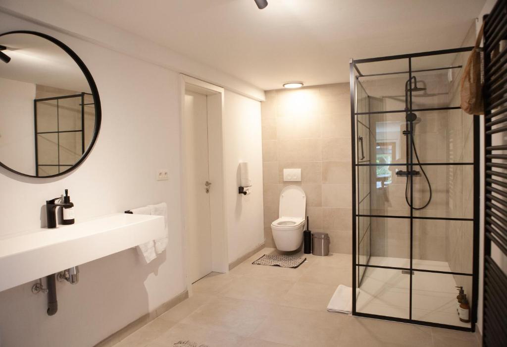 a bathroom with a shower and a sink and a toilet at Oboho - Le gîte bohème (Pieds dans l’eau - Lit King Size - Jardin) in Esneux