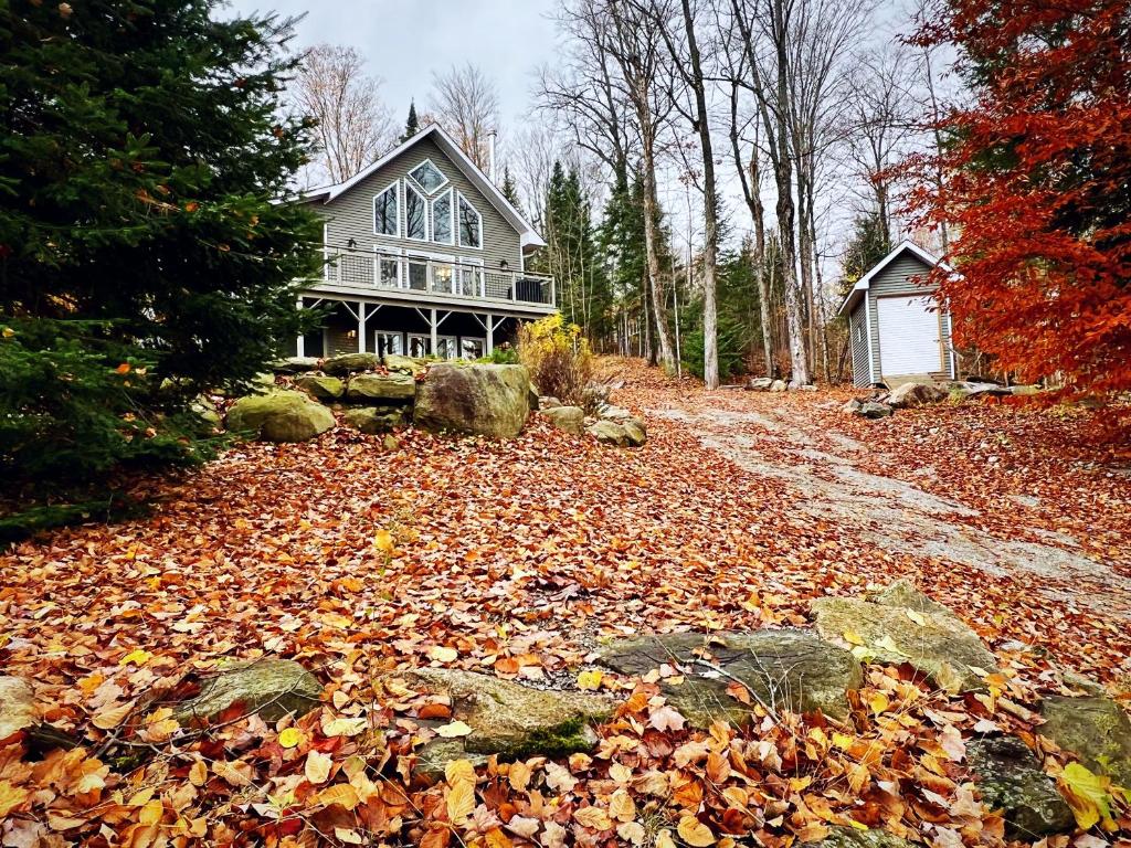 a house with leaves on the ground in front of it at The Wonderland Cottage in Haliburton