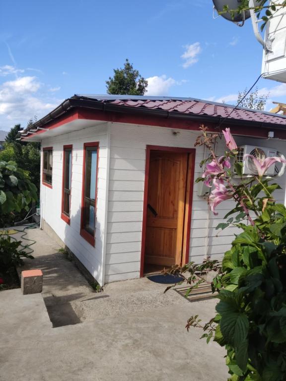 a small white shed with a wooden door at Verde Paz in Curacautín