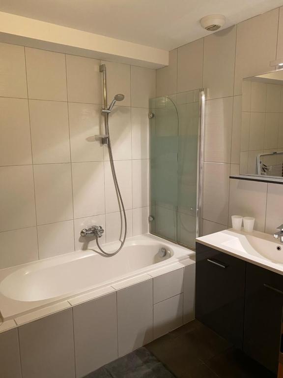 y baño con ducha, bañera y lavamanos. en Duplex moderne à 10 minutes de Colmar, en Wintzenheim