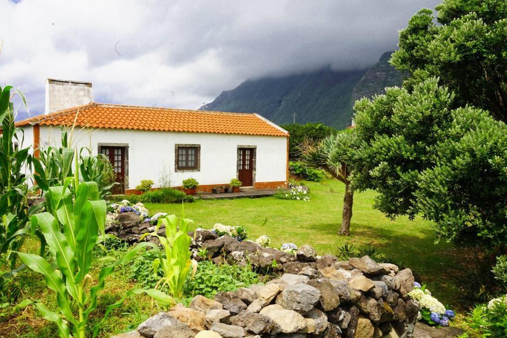 una pequeña casa blanca con una montaña en el fondo en Casa Via d'Agua in Fajã Grande, en Faja Grande
