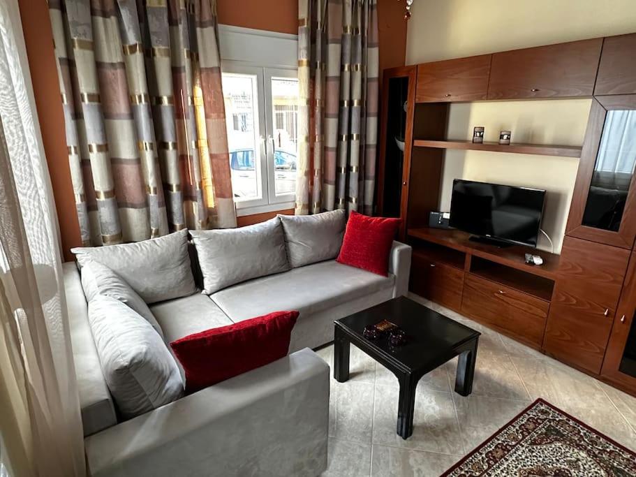 een woonkamer met een bank en een tv bij Demi's House in Volos