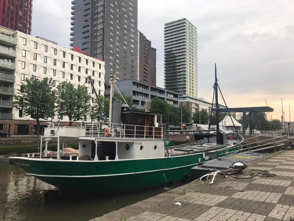 a green and white boat docked in a harbor at Boathotel Rotterdam Wilhelmina in Rotterdam