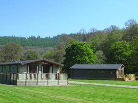 a small house in a field next to a forest at Peel Lodge - Parmontley Hall Lodges in Hexham