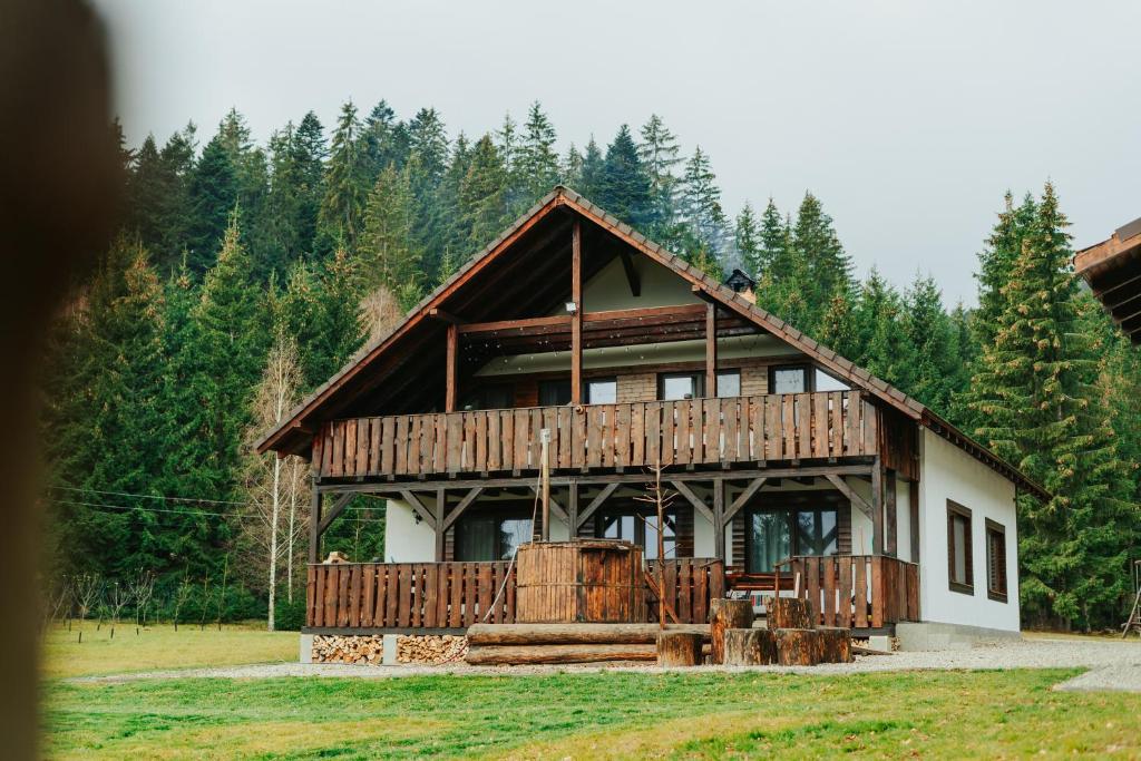 a large wooden house in the middle of a forest at Hanna's Hidden Haven in Harghita-Băi