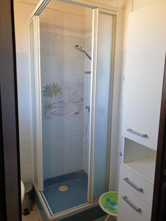 a shower with a glass door in a bathroom at Studio Mezzanine vue port et mer in La Londe-les-Maures
