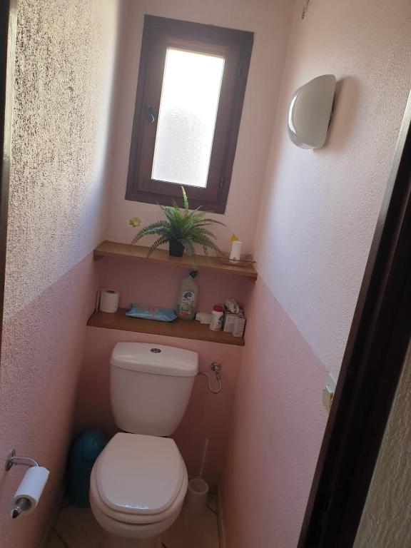 a small bathroom with a toilet and a window at Studio Mezzanine vue port et mer in La Londe-les-Maures