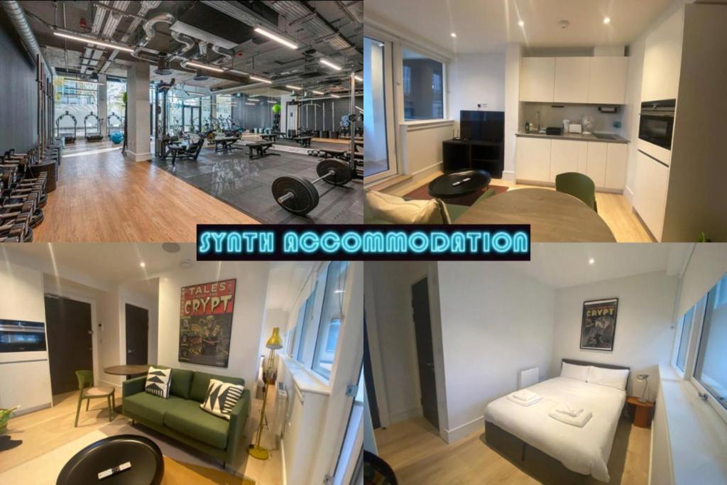 two pictures of a living room and an office at 90s RETRO 1Bed Studio Apartment Wembley Park London Private GYM & CINEMA & Netflix Perfect for Solo & Coupled Travellers in London