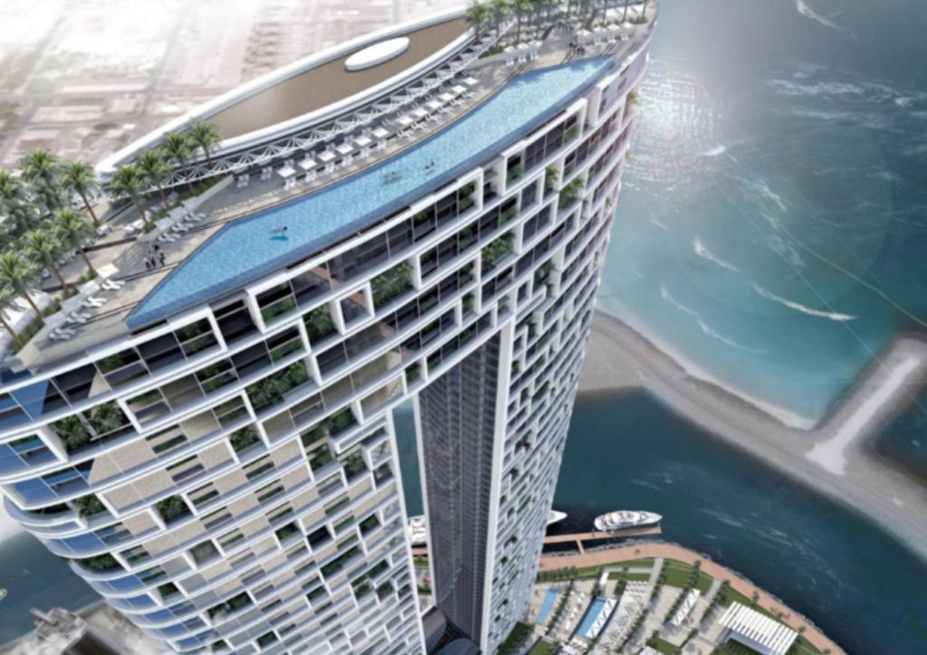 an aerial view of a tall building next to the water at Address Beach Residences in Dubai